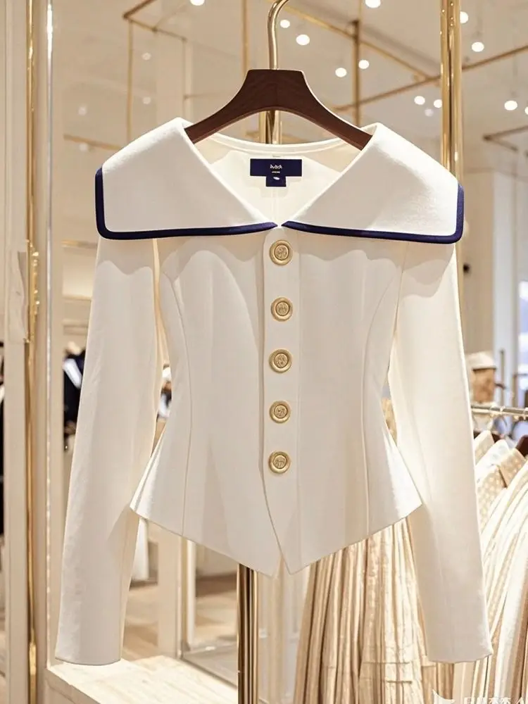 

Spring/Autumn Jacket Navy Collar Waist Slim White Coat Women Clothing French Hepburn Style Long Sleeve Commuter Outerwear Women