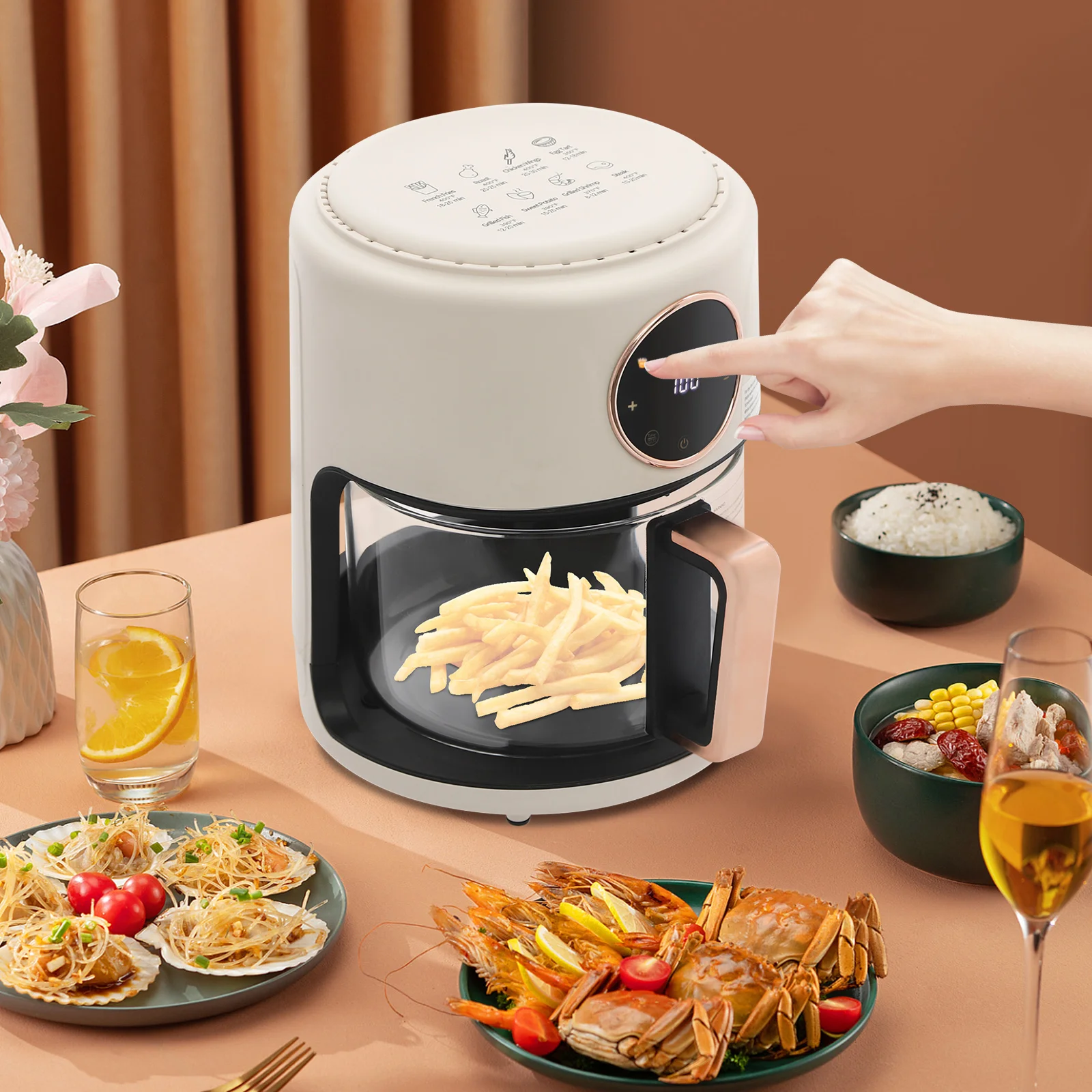 Air Fryer White LCD Display, 4.2L Capacity, 1200W High Power, Borosilicate Glass Chamber, 8 Cooking Programs, US 110V Kitchen Appliance