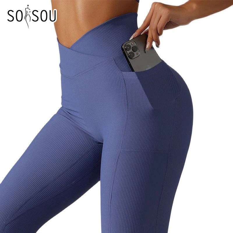 SOISOU Nylon Womens Clothing Gym Yoga Sportswear Women Fitness Leggings Push Up Shorts Sports Bra Tight Elastic Ribbed Pattern