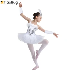 Kids Girls Swan Dance Ballet Dress Sequins Camisole Tutu Leotards Ballerina Princess Costume Performance with Gloves Hair Clip