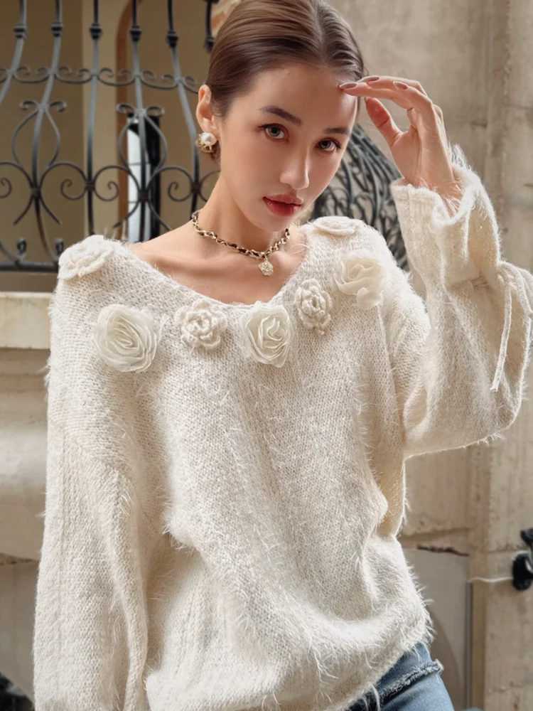 الفرنسية أنيقة نمط الخامس الرقبة ثلاثية الأبعاد زهرة الدانتيل متابعة كم طويل الحلو تنوعا محبوك سترة بلوزة كاجوال بلايز للنساء الخريف