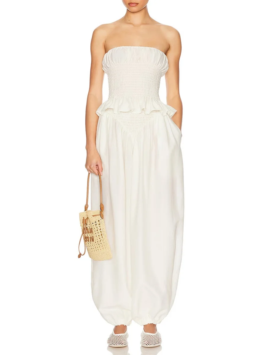 

traf 2025 woman tube top vest + wide-leg pants set pure cotton ruffled loose women's clothing top + trousers 2-piece set y2k bra