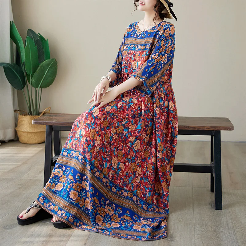 

Summer Women's Loose Silk Blend Floral round Neck Short Sleeve Bohemian Long Dress Casual Commute Style Five-Quarter Length