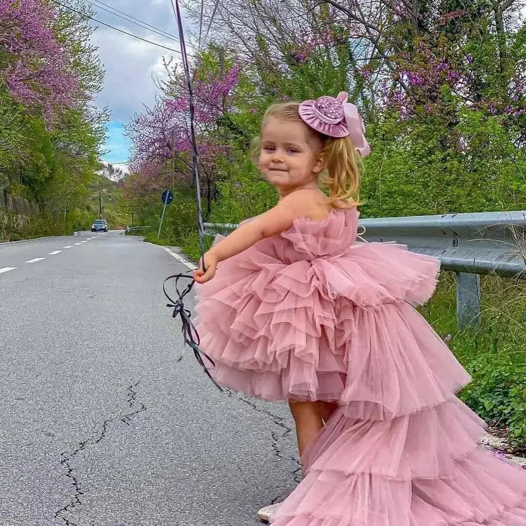 

Lovely Flower Girls Dress Puffy Tutu Tiered Tulle Children Birthday Party A Line Wedding Prom Formal Gown Vestidos Largos