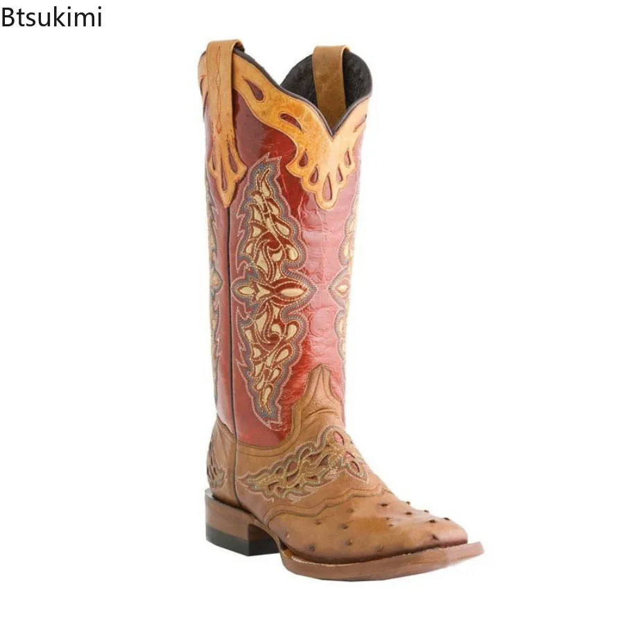 2026 Women's Autumn Winter Square Toe Thick Heel Colorful Patterned Knight Boots Embroidered Color-Blocked No Slip Ladies Boots
