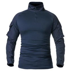 Men's Long Sleeve Combat Shirt 1/4 Zipper Ripstop Cotton Tactical Shirts Navy Blue Camoufalge Airsoft T Shirts