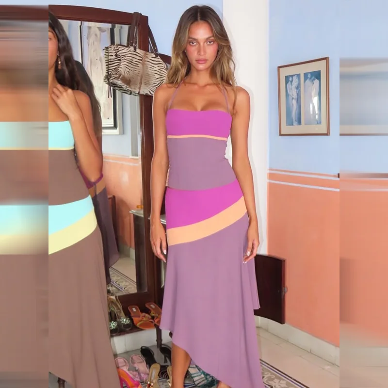 

Trendy Color Block Halter Two Piece Set Back Tie Top Asymmetrical Hem Maxi Skirt 2026 NEW Summer Lady Bohemian Vacation Outfit