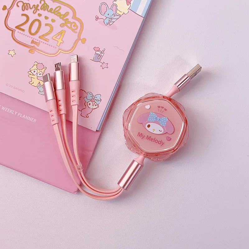 

Mobile Phone Data Cable Car Interior Hello Kitty Sanrio Anime Three-in-One Data Cable Universal Kawaii Android Apple Type-C Fast