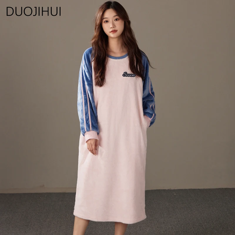 DUOJIHUI O-neck Loose Chicly Flannel Simple Striped Sleepwear Women Winter Warm Contrast Color Fashion Casual Female Nightgown