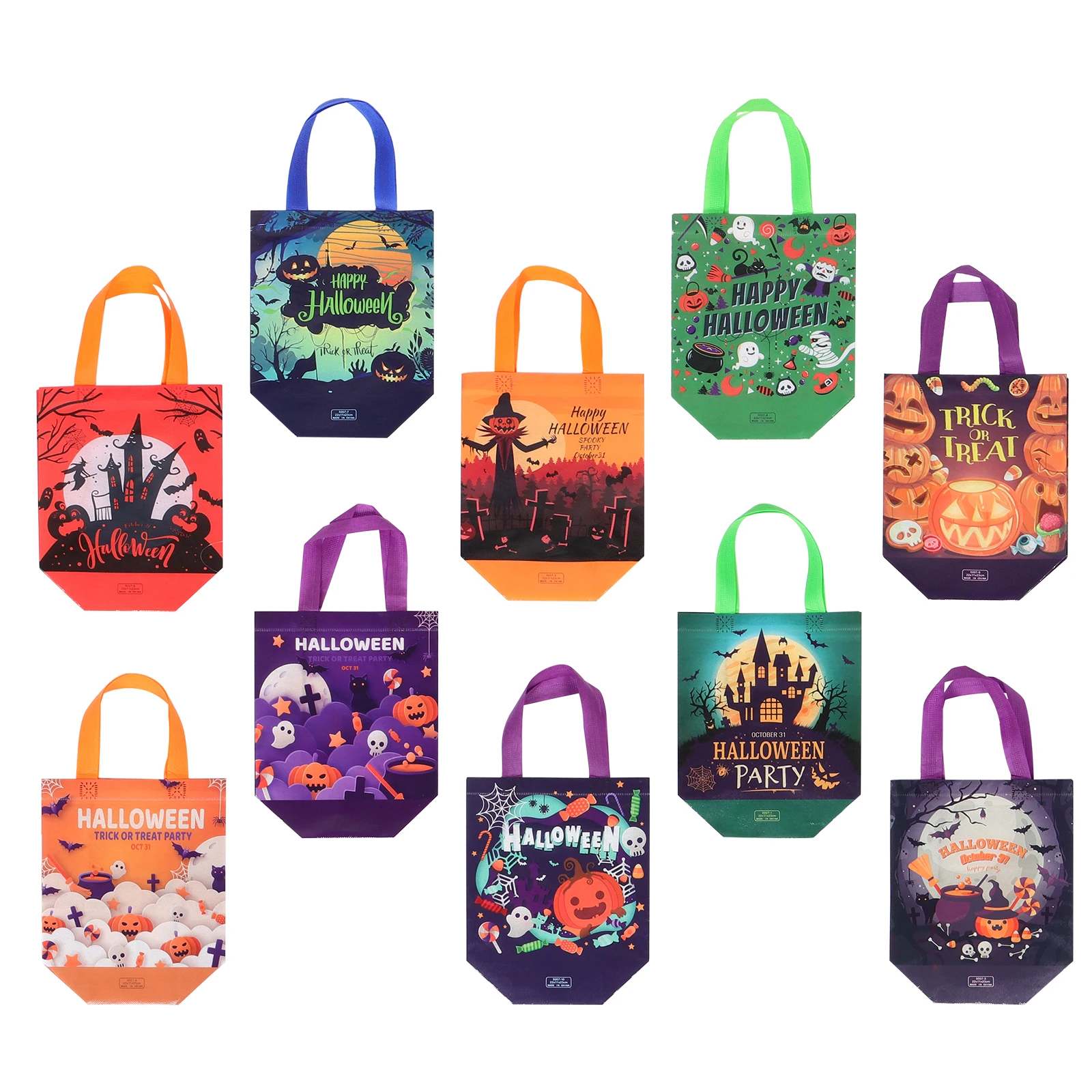 

10pcs Halloween Non-Woven Candy Bags Handle Reusable Storage Bags Bright Color Spacious Capacity Treats Costumes Decorations