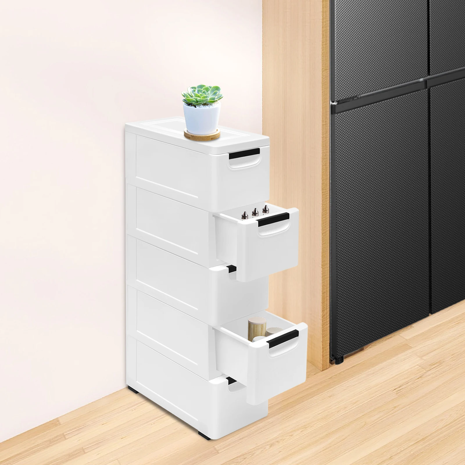 5 Drawers Narrow Slim Plastic Storage Cabinet,Storage Drawer with 4 Wheels,5 Tier Drawers Dresser,White