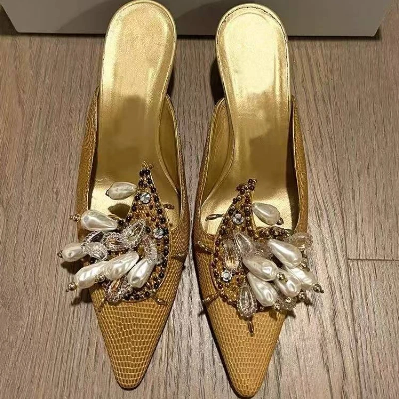 

Сексуальные дизайнерские тапочки на высоком каблуке, женские роскошные шлепанцы с острым носком, сабо, женские вечерние модельные туфли, модные брендовые сандалии, женские сандалии