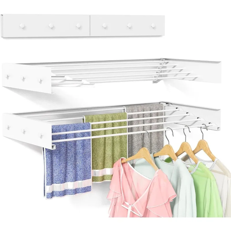 

Clothes Drying Rack Wall Mounted for Laundry, Drying Rack Clothing Wall Mounted, 5 Aluminum Rods with 6 Hooks