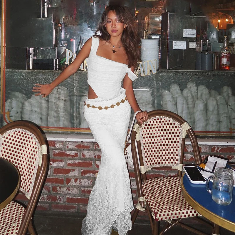 

Elegant Summer Matching Sets 2025 Maxi Lace Up Top and Maxi Skirt Set Long Dress Sets for Party