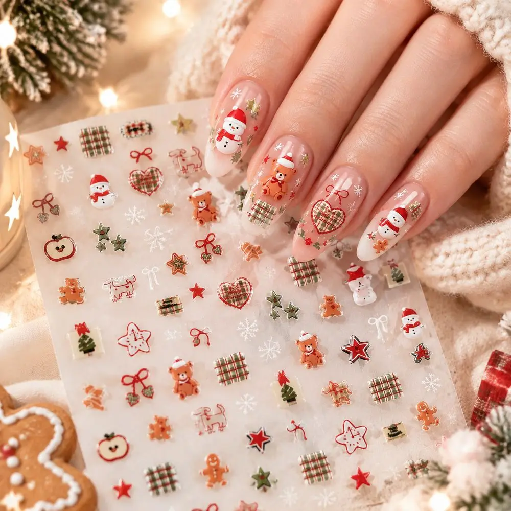 1Pc Mystic Christmas Nail Decals 5D Plaid Gift Box Snowman Star Snowflake Self Adhesive Sliders DIY Manicure Wraps Decor Kit