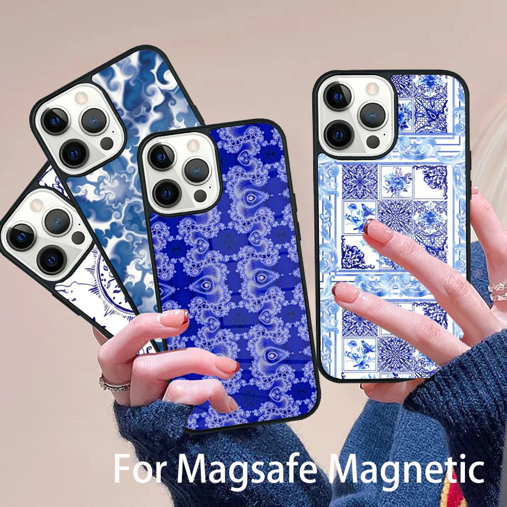 

Blue and white porcelain pattern Phone Case Magesafe Magnetic Wireless Charge Cover For IPhone 16 11 12 13 14 15 Pro Max Plus