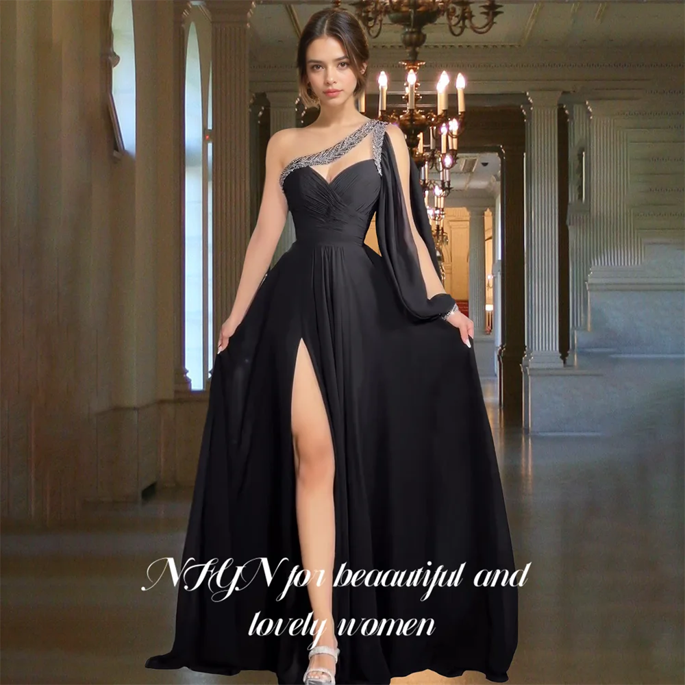 NFYN Burgundy Chiffion One Shoulder Prom Dress Beaded Prom Gown Long Sweetheart Evening Dress Formal Dress with Split Customized