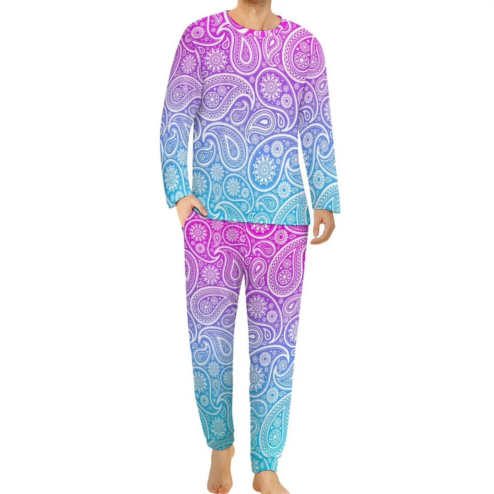 White Paisley Pajamas Male Pink to Blue Ombre Cool Sleepwear Autumn Long-Sleeve 2 Pieces Casual Graphic Pajama Sets Large Size