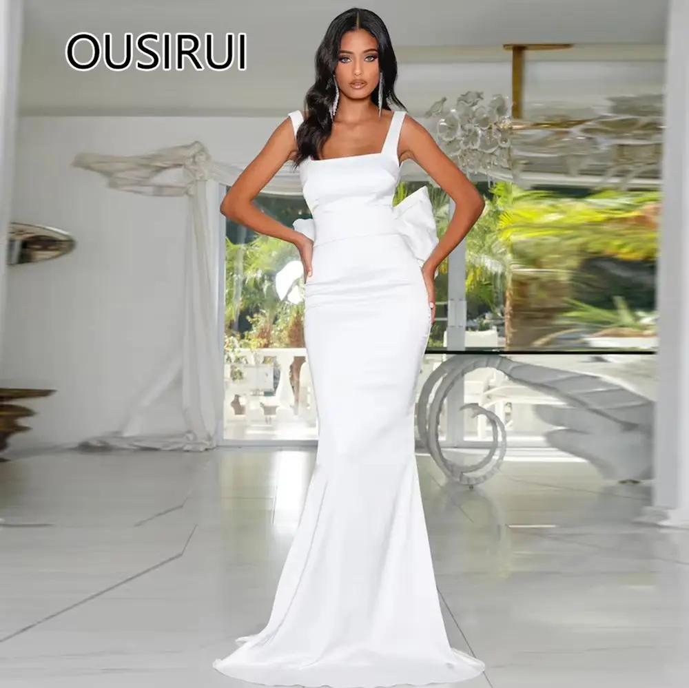 

Square Collar Satin Spaghetti Straps Formal Bridesmaid Gown Sheath Backless with Bigh Bow Long Prom Dress Trian vestidos de novi
