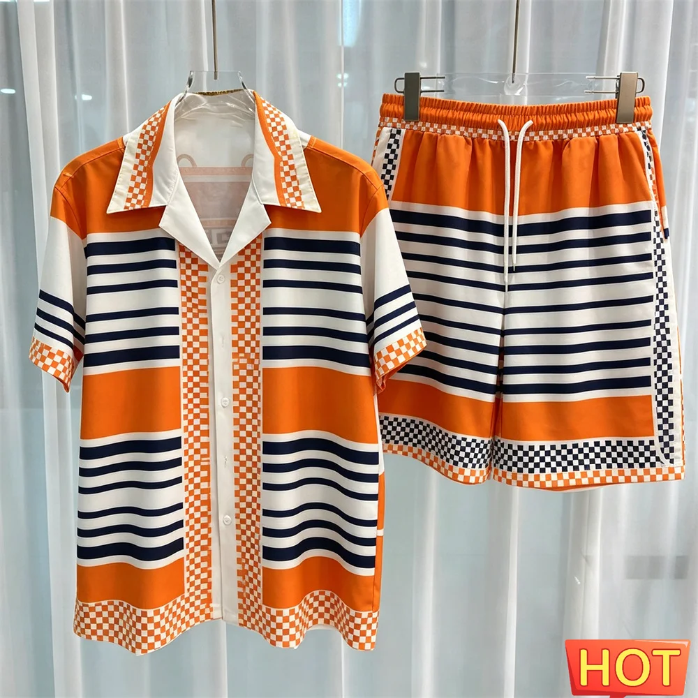 Summer men casual two-piece set 3D Pattern stripes Men's Shirt Set breathable 2 piece set Shirt shorts men' outfit two piece set