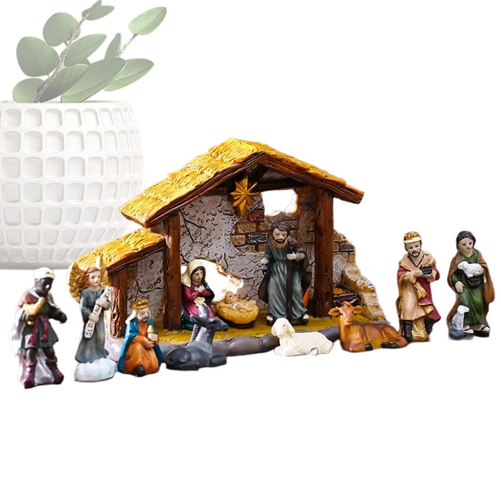 3CM Christmas Nativity Horse Trough Set Ornament Christian Religious Craft Collectible Figurines Resin Christmas Decor Gift