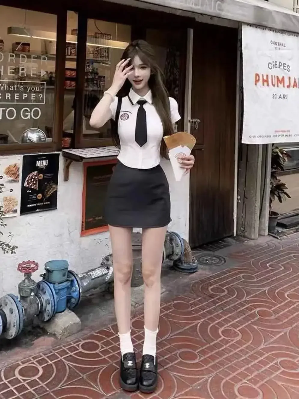 South Korea School Uniform White Waist short-sleeved Shirt Set New Summer Korean College Shirt Slim short-style Suit