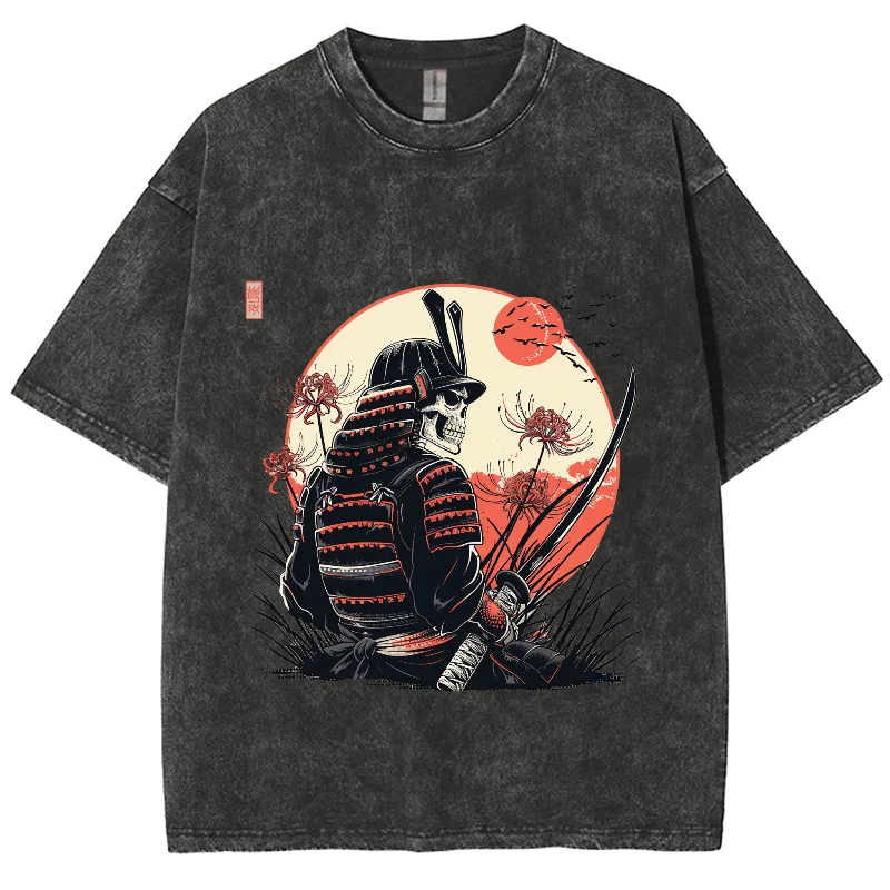 

Fashion Trend Designer New T-Shirt Washed Denim Loose Shoulder Moonlight Skull With Knife Print Neutral Style Short Sleeve