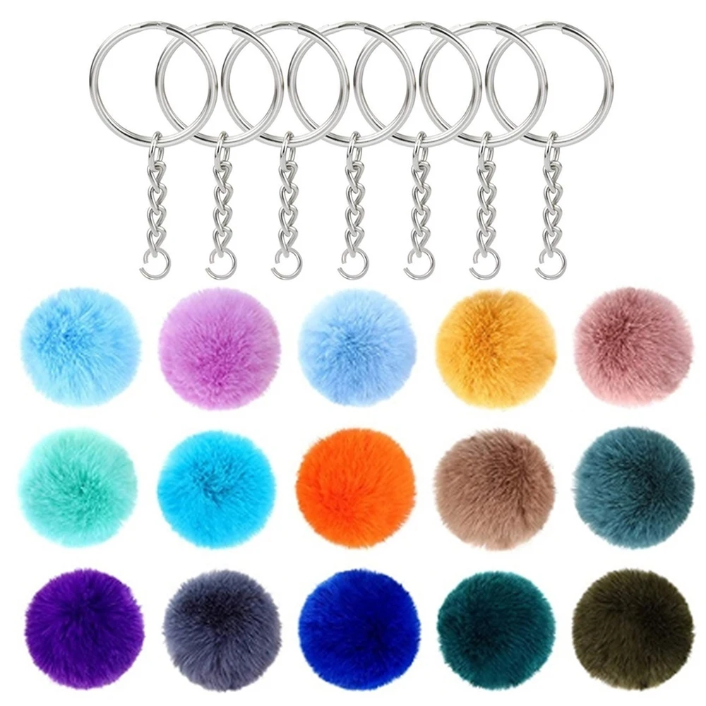 30PCS Pom Poms Ball with Key Rings Jump Chain Keyring Key Holder Women Bag Pendant Jewelry Keychain Charms