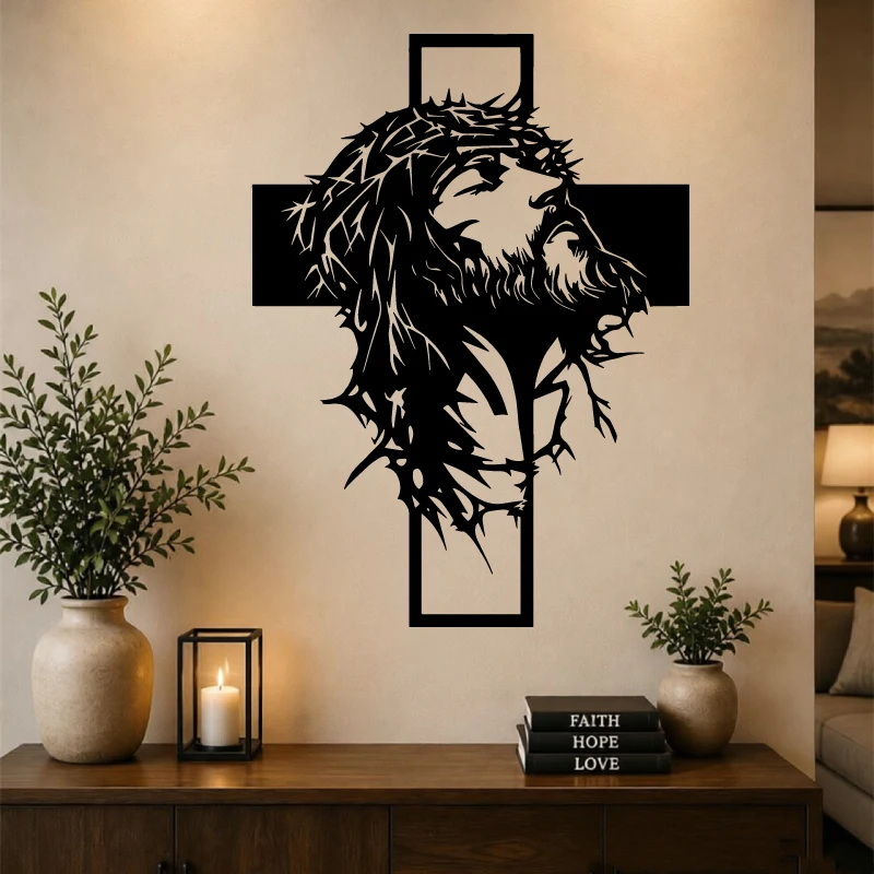 Jesus Crown of Thorns Cross Vinyl Wall Sticker Christian Home Decor Living Room Hallway Door Window Religious Wall Decal Gift