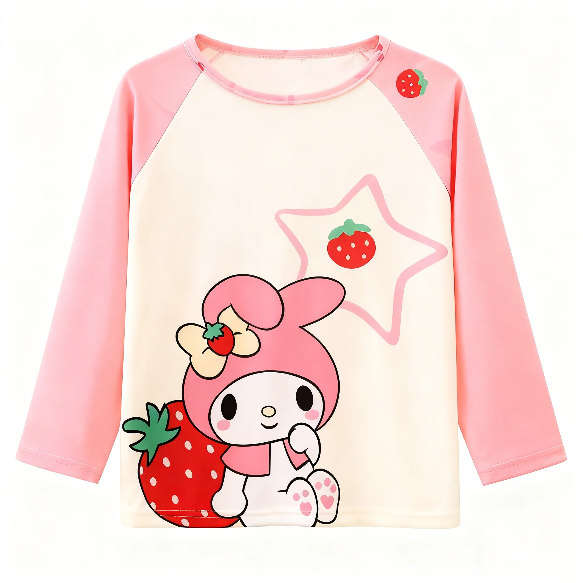 طقم بيجامة أرنب كرتوني لطيف للفتيات من Miniso - طباعة الفراولة الوردية ونجوم ورقبة دائرية وأكمام طويلة ملابس نوم مكونة من قطعتين #4