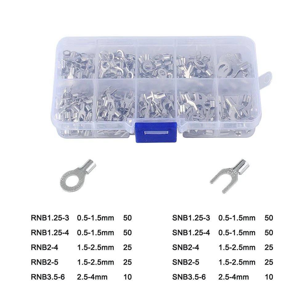 320Pcs/Box 10 In 1 Terminals Non-Insulated Ring Fork U-type Brass Terminals Assortment Kit Cable Wire Connector Crimp Spade