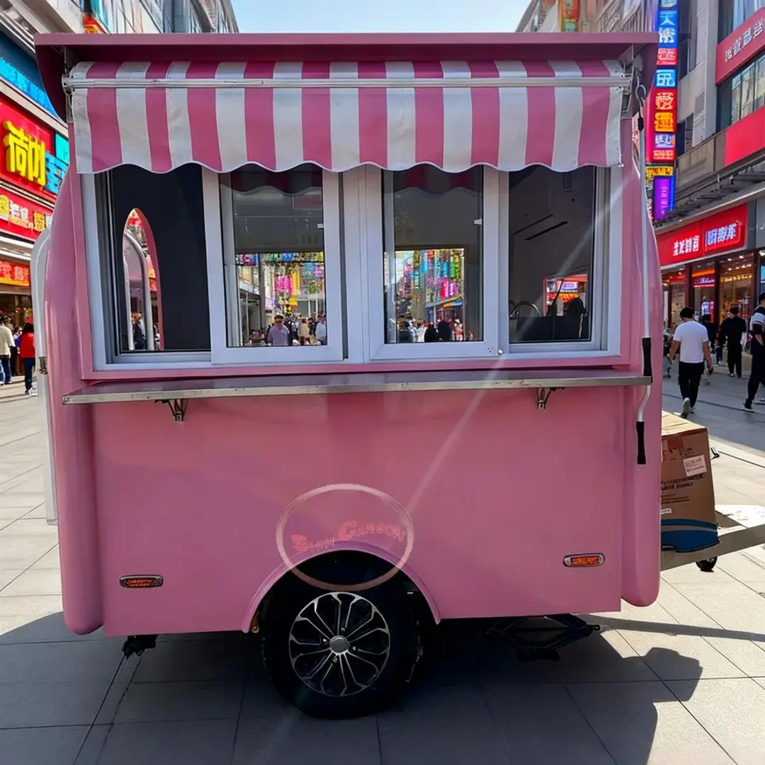 

Custom Pink Fiberglass Food Truck Mobile Kitchen Catering Trailer with AC And Sink for Street Food Vending