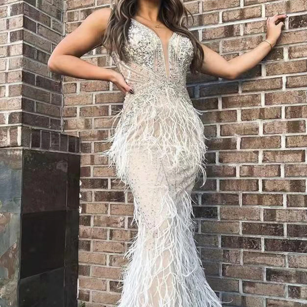 Elegant White Evening Dresses For Women 2023 Backless Luxury Dubai Sequined Beaded Sleeveless Arabic Vestidos Formal Party Gowns