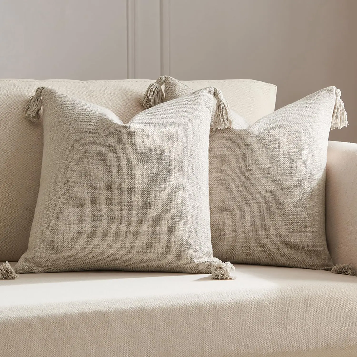 Set of 2 Linen Pillow Covers 18x18 with Tassels,Linen Look Decorative Throw Cushion Covers for Sofa Couch,Farmhouse Home Decor
