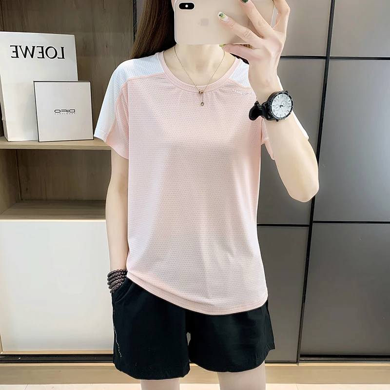 

O Neck Ice Silk Yoga Short Sets Woman 2pcs Patchwork Gym Sportswear Breathable Quick-dry Short Sleeve Workout T-Shirt + Shorts