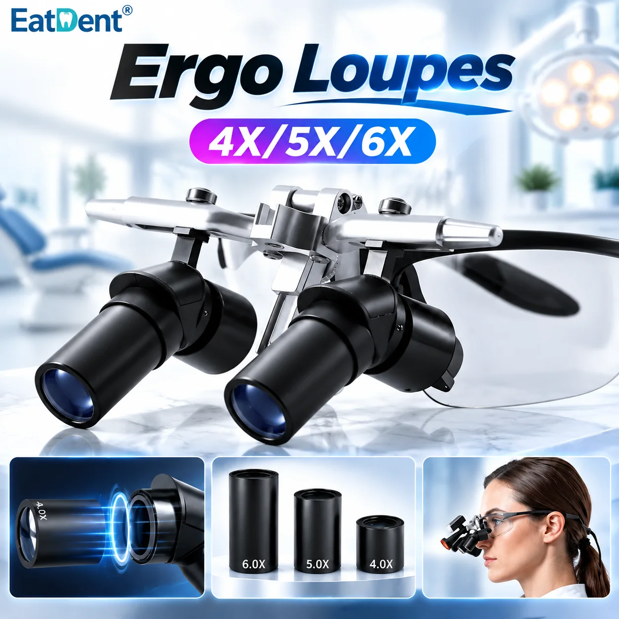 Dental Ergo Loupes 4X5X6X 48° Ergonomic Magnifier Swivel Magnifier with Magnetic Lens 5W LED Headlight Dentist Surgical Loupes