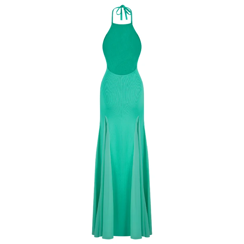 Damen Neckholder-Maxikleid mit offenem Rücken, geripptem Strickoberteil und fließendem Chiffon-Saum – figurbetontes Sommer-Abendkleid für Urlaub und Party