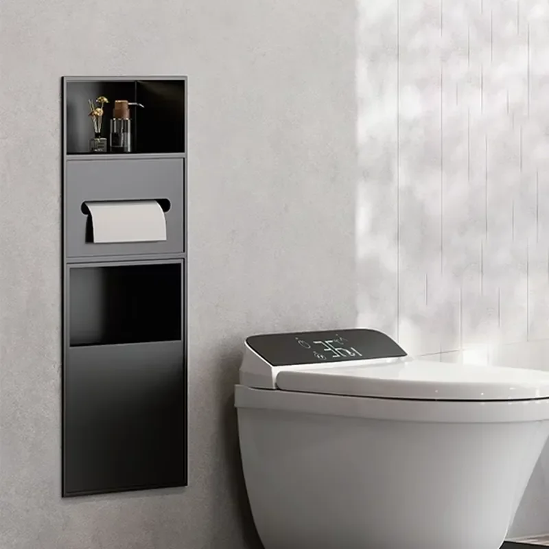 OEM Integrated Stainless Steel Trash Can Toilet Paper Roll Holder 3-Tier Storage Shelf Niche Corner Waterproof