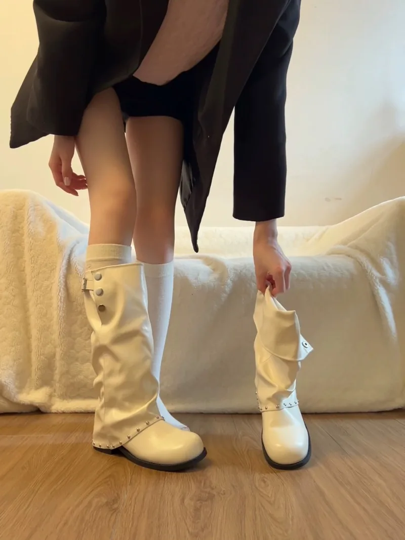 Women Fold Over Knee High Pants Boots, Rivet Decor Round Toe Flat Heel Ruched Stackable Long Boots, Vintage Fashion Ladies Boots