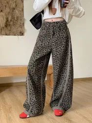 2026 Cyber Y2K Streetwear Leopard Wide Leg Baggy Jeans Pants For Women Clothes Striped Straight Underwear Hip Hop Lady Trousers
