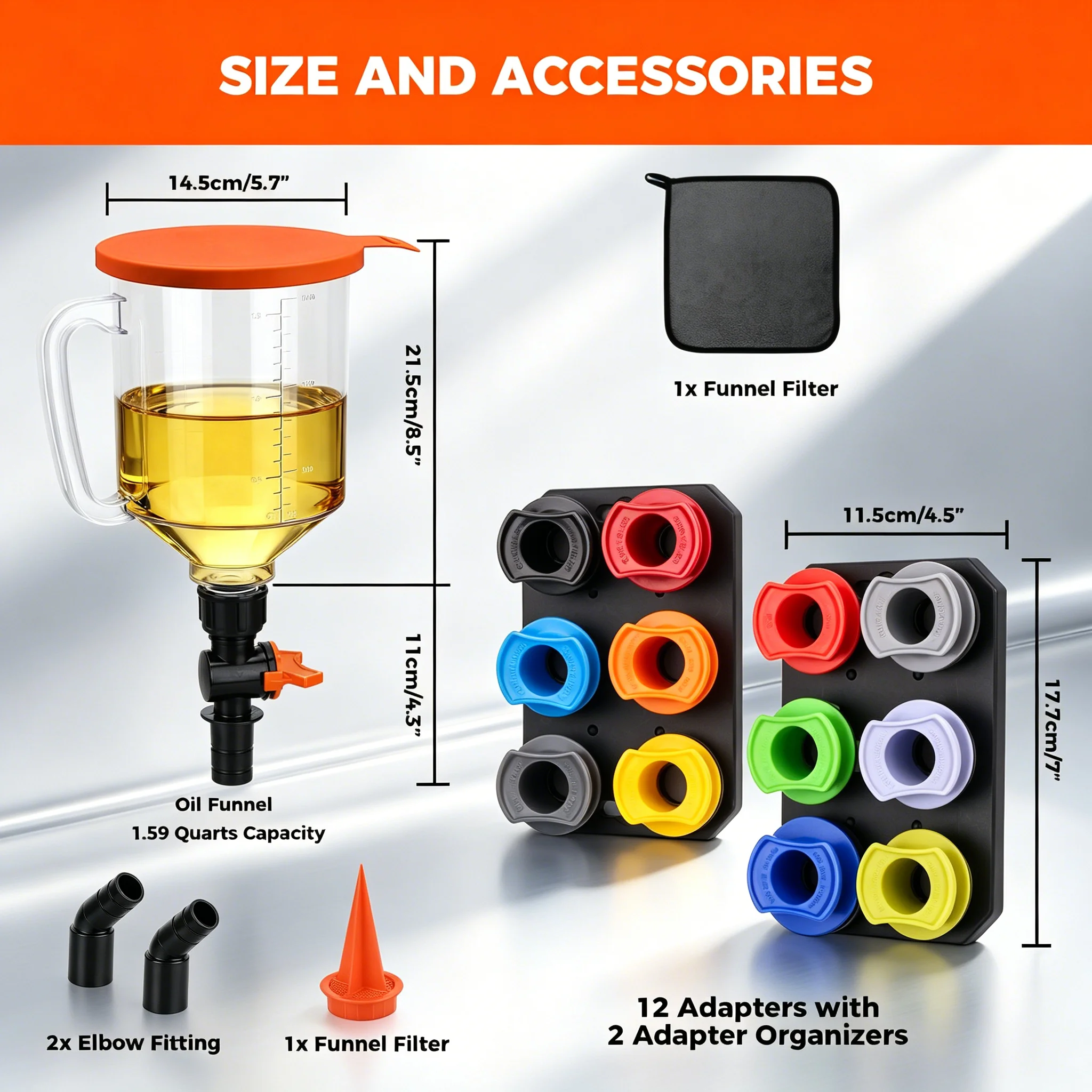 HORUSDY 21Pcs Oil Funnel Kit,1.59QT Hands‑Free No‑Spill Funnel,12 Color‑Coded Adapters Magnetic Tray for Auto Oil Change