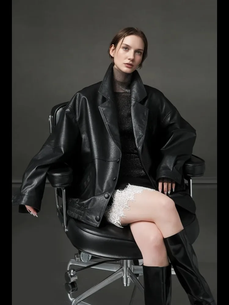 Lautaro ฤดูใบไม้ผลิฤดูใบไม้ร่วงขนาดใหญ่กันน้ํา Distressed สีน้ําตาล Pu แจ็คเก็ตหนังผู้หญิงเดี่ยว Breasted Luxury Designer เสื้อผ้า 2025