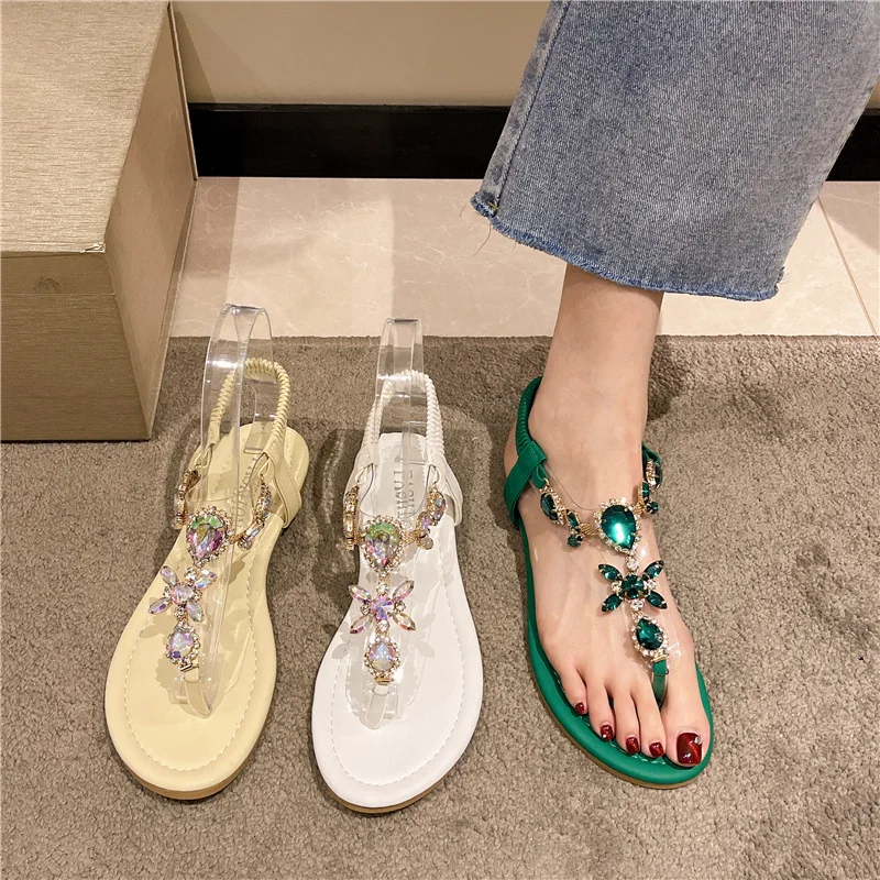 Summer Women Fashion Flat Sandals Round Toe Chaussure Femme Gem Stone Toe Post Ankle Strap Sandalias De Mujer Verano 2023 Ladies