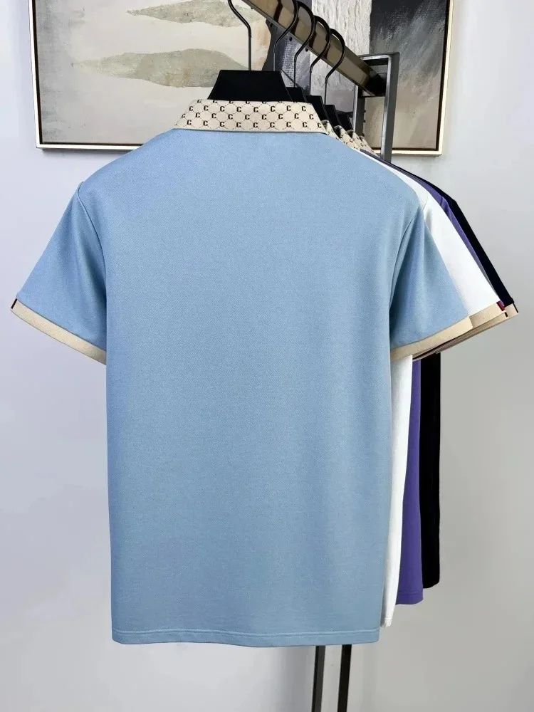 Leicht luxuriöses Marken-Poloshirt mit kurzen Ärmeln modische Bienen-Stickerei farblich abgesetzter Kragen T-Shirt Sommerneuheit lässige Herrenbekleidung – Detail 7