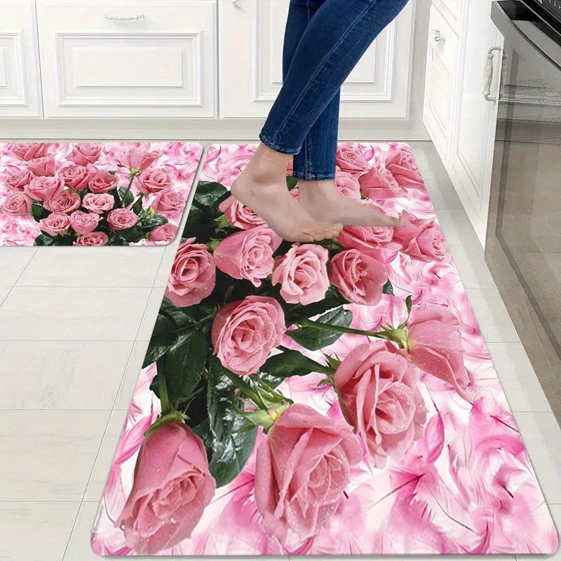 VIKAMA 1/2pc tapis de sol à motif Rose, antidérapant et absorbant l'eau, pour cuisine, salle de bain, zone d'entrée, décoration de la maison