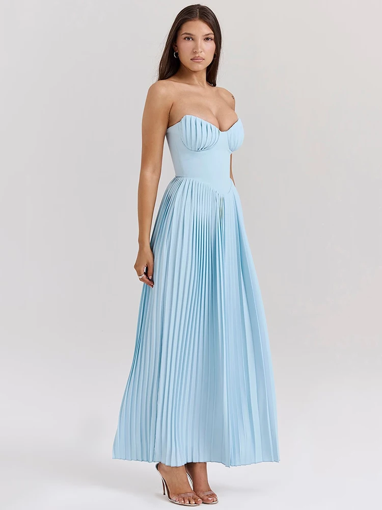 Mozision Off-shoulder Backless Pleated Maxi Dress For Women Fashion Strapless Sleeveless High Waist Bodycon Sexy Long Dress