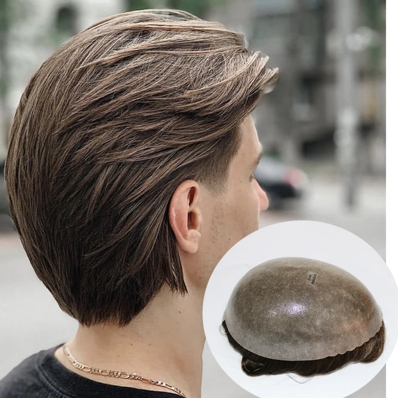 Super Ultra sottile Full Skin PU Men Toupee Platinum Brown Europen Super Durable Thin Skin 0.06mm System V Loop microplein