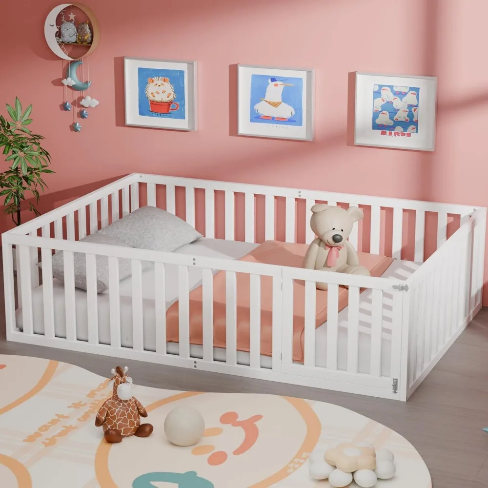 

Full Size Floor Bed for Kids, Wood Montessori Floor Beds with Guardrails & Detachable Door, Multifunctional Montessori Bed Frame