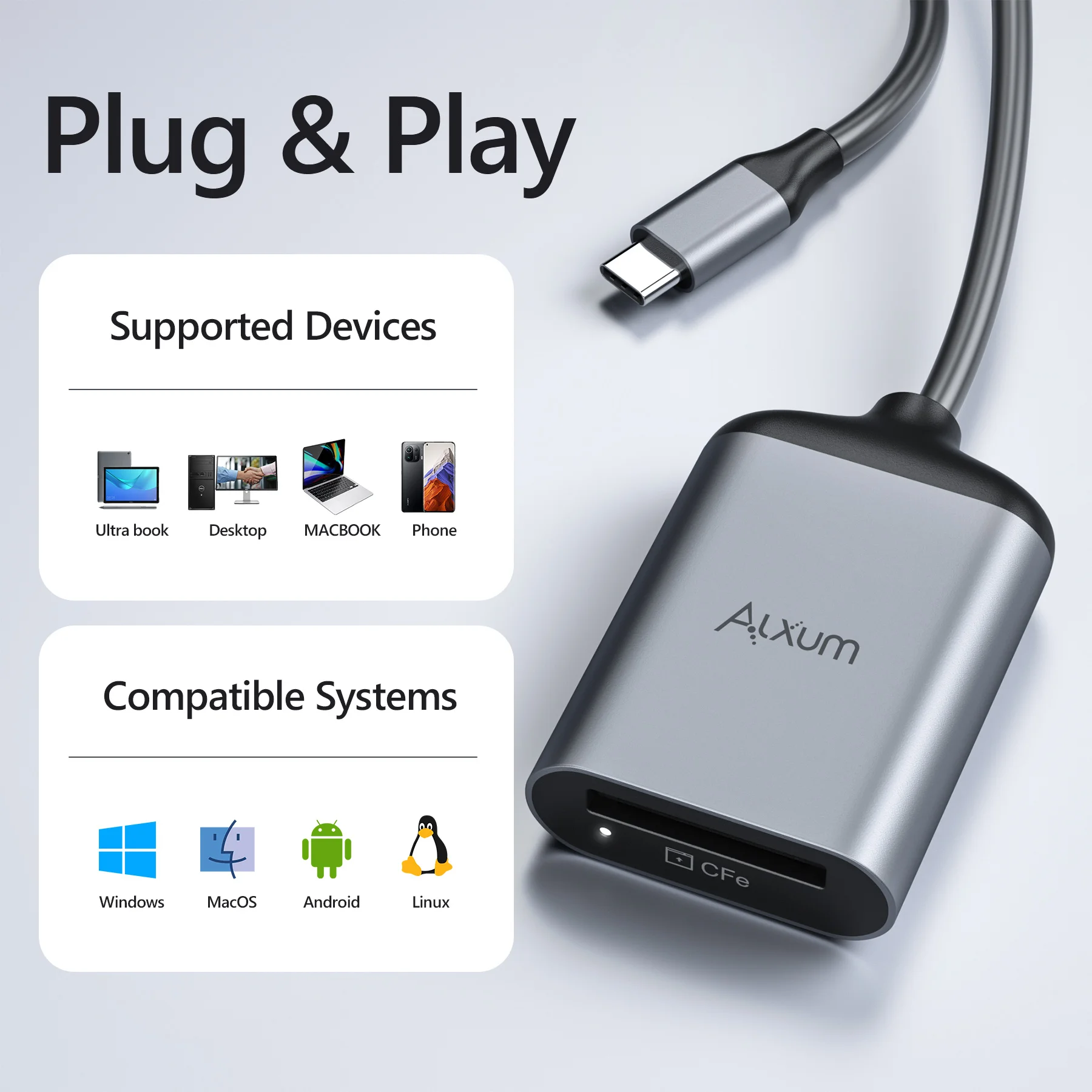 Imagem -05 - Alxum-adaptador Portátil cf Express Memory Storage Leitor de Cartões tipo a 3.1 Gen 10gbps tipo a Android Windows Mac os