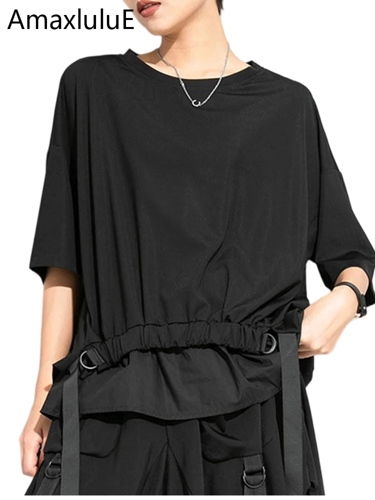 AmaxluluE 2025 Summer Fashion Tee Womens Black Short Sleeve T-shirt Ladies Casual Patchwork O-Neck Tops Girl Solid Color Clothes